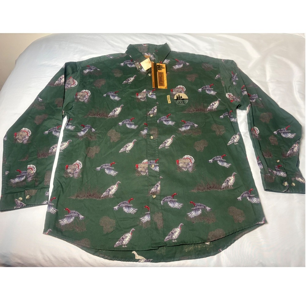 Outdoor Life Button Down Shirt Mens XXL Green NEW Turkey Pheasant Hunting Print